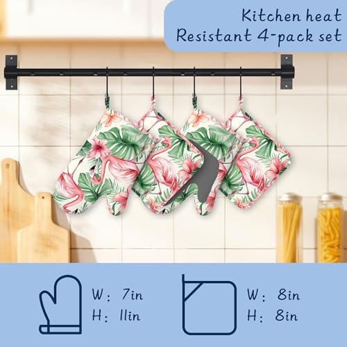 Heat Resistant Pot Holders and Oven Mitts,Pink Flamingo Extra Long Kitchen Oven Mitt Set,Tropical Flowers Leaf Cotton Lining Anti-Slip Waterproof Kitchen Mittens Hot Pan Holder for Baking Cooking - color: Pink Flamingo