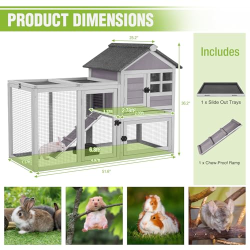 GUTINNEEN 51.6" Large Rabbit Hutch with Chew-Proof Ramp, Small Chicken Coop with Run for Outdoor, Indoor Bunny Cage Guinea Pig House with Leak-Proof Tray (Grey)