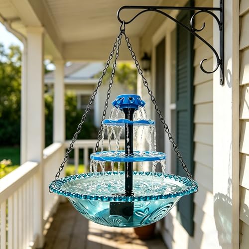 3-Tier Solar Powered Hanging Bird Bath Fountain Cascading Water Feeder for Hummingbirds Wild Birds[16.4FT/Extra Long Cord] for Outdoor,Garden, Patio Decor
