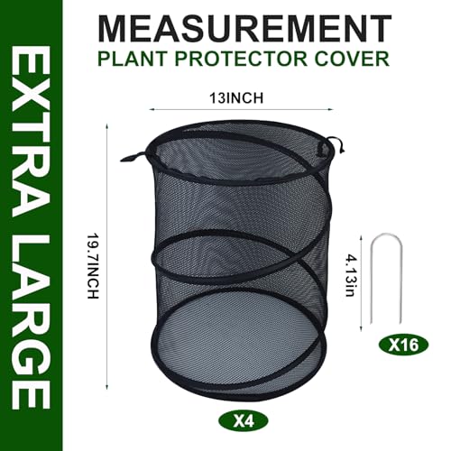 4 Pack Pop up Plant Covers Tent from Animals, 20"H X 13"D Insect Barrier Mesh Plant Guard Cover Net Black Garden Plant Protectors Mini Greenhouse Plant Protection Cage with Stakes for Outdoor Plants - color: Black