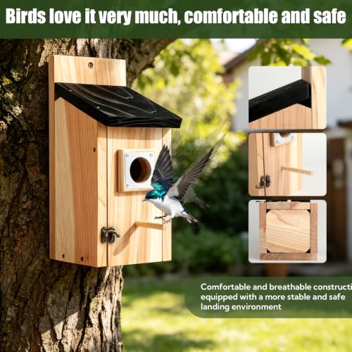 2 Pack Bird Houses for Outside - Cedar Bird House with Metal Predator Guard & Perch, Outdoor Bluebird Nesting Box for Wren Finch Swallow Chickadee, Weather Resistant (Silvery) - color: silvery