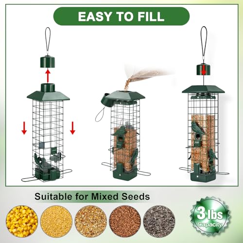 Gbekery Squirrel Proof Bird Feeder, Metal Mesh Feeders for Outdoors Hanging, Gravity Protection Wild Bird Feeders for Finch Chickadee, Weather Resistant, 3LB Large Capacity, Green - color: Green Square
