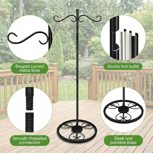 58'' Double Shepherds Hooks for Outdoor, Adjustable Shepherds Hook Stand with Base for Wind Chimes, Hummingbird Feeders, Indoor Outdoor Garden Patio Home Décor