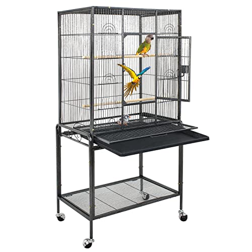 ZENY 53-Inch Parakeet Bird Cage, Wrought Iron Large Parrot Flight Birdcage | with Rolling Stand, Perches, Slide-Out Tray and Plastic Feeders, Casters,Bird Cage for Cockatiels Canary Finch - color: Black + Silver