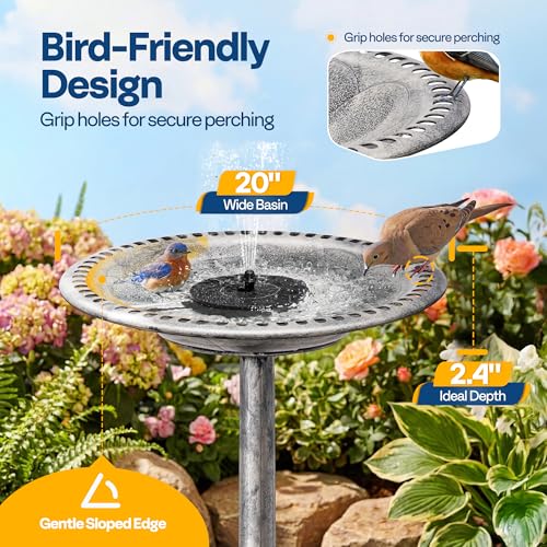 VIVOHOME Bird Bath with Solar Fountain for Outside, Pedestal, Gray | Solar-Powered Pump, Weather-Resistant Polyresin, 20-Inch Bowl, for Outdoor/Garden, Bird-Friendly, Easy to Clean - color: Gray