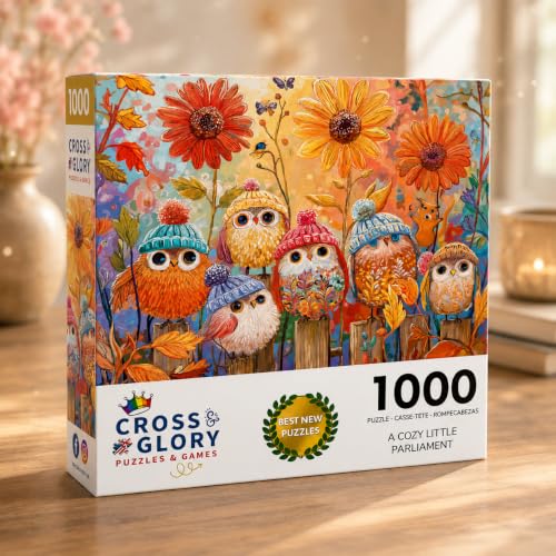 Cross & Glory | Jigsaw Puzzles for Adults | A Cozy Little Parliament | Cute Autumn Birds in Knitted Hats | Whimsical Fall Forest Puzzle | 2mm Thick Pieces | Satin Finish | Ages 14+ - color: Cozy Little Parliament
