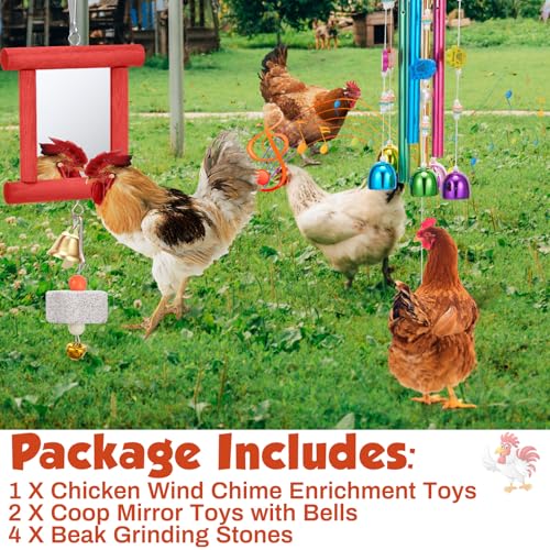 VioraWhite 7 Pcs Chicken Toys, Hanging Chicken Wind Chime, 2 Pcs Coop Mirror Toys with Bells 4 Pack Beak Grinding Stones, Musical Coop Accessories for Hen Rooster Chick Poultry Bird(Rose Red, Blue) - color: Rose Red, Blue