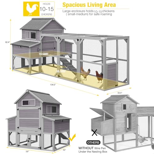 Aivituvin Extra Large Chicken Coop 137" L Hen House Duck Cage for 10-15 Chickens with Spacious Run, 6 Nesting Box, 6 Raised Perches (Grey, AIR46) - size: AIR46