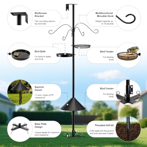 92 Inch Squirrel Proof Bird Feeder Pole with X shape Base Plate, Heavy Duty 1 Inch Dia Bird House Pole, Adjustable Multi-Hook Bird Feeding Station with Squirrel Baffle, Water Bowl & Mesh Tray