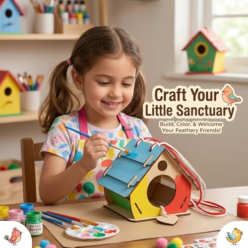 BAGJI TOYS Bird House Kits for Kids Ages 4-8, Wooden DIY Birdhouse Kit, Outdoor Woodworking Crafts Freestyle Painting, Bird Houses for Outside with Paints & Brushes, Boy Girl Gift Christmas