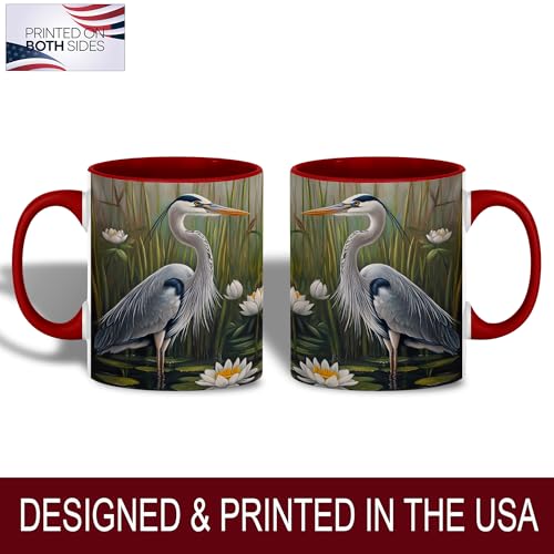 Great Blue Heron Art Coffee Mug, Wildlife Bird Lover Mug, Marsh Scene with Water Lilies & Reeds, Nature-Inspired Drinkware for Outdoor Enthusiasts, Ceramic Cup with Red Handle - Spring & Summer(Heron) - color: Blue Heron