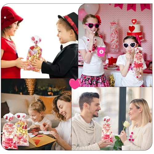 Valentines Goodie Bags, 120Pcs Valentines Treat Bags for Candy Goody Snacks Gifts Packing, Valentines Day Cellophane Bags With 135Pcs Twist Ties for Kids Classroom Party Favors - 4 Lovely Style - color: Valentines-120pcs