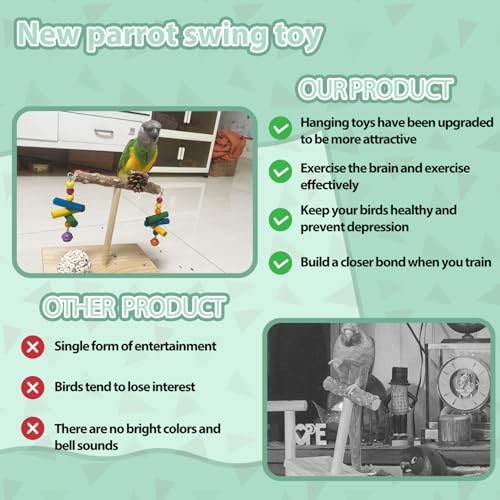 XL Bird Perch Budgie Toy Interactive Spinning Parakeet Perch with Two Hanging Accessories, Wooden Swing Parrot Perch Stand Enrichment Bird Supplies for Cockatiel, Budgie, Conure, Lovebird