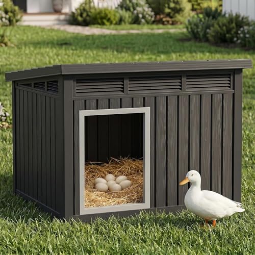Vixzen Outdoor Duck House, PP Resin Material with Spacious Interior Poultry Shelter, Gas Strut Opening Top & Shutter Vents Chicken Coop for Easy Cleaning and Storage Use in Outdoor（Black） - color: Black, size: 42.9"L x 33.0"W x 31.6"H