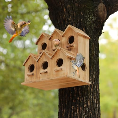 Wooden Bird Houses for Outside, 8 Room Hanging Birdhouse, Large Bird House for Bluebird Finch Cardinals, Decorative Outdoor Bird Nesting Box