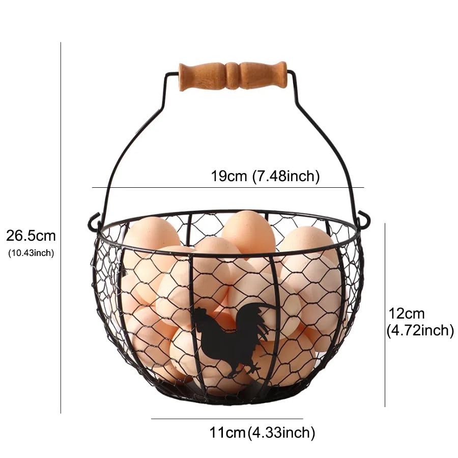 Fresh Eggs Collecting Basket With Handle，Vintage Style Metal Wire Eggs Holder Basket for Countertop Kitchen Storage Bin - color: black