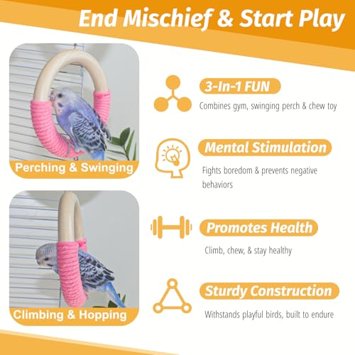3-Ring Bird Wooden Swing Climbing Toy Chewable Cotton Rope Perch for Cage | Cockatiels Budgies Parakeets Lovebirds, Easy to Install & Clean, Multi-Play