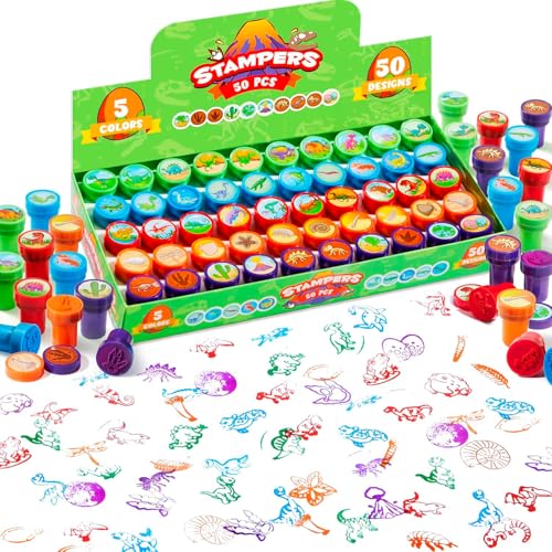 JOYIN 50PCS Dinosaur Stamps for Kids, 50 Different Designs, Fossils, Sea Dinosaurs, Stamps for Dinosaur Party Favor Bags, Classroom Prizes Stuffers, Treasure Box Toys, Birthday Gift - style: Dinosaur