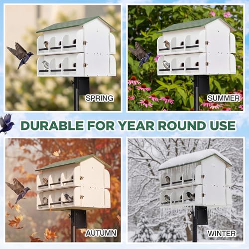 Yaocom 12 Room Purple Martin House with Pole, Heavy Duty 5 Section 15 ft Telescoping Pole with Ground Socket & Adapter, Easy to Clean Design, White Green Wooden Martin Bird House for Outdoor Nesting