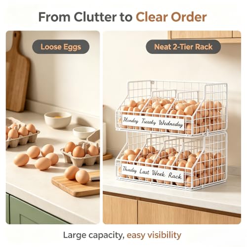 Egg Holder Countertop, Large 2T Chicken Egg Basket for Gathering Fresh Eggs | Egg Storage Organizer with Adjustable 5 Divider & Label, Stackable Wall Mounted Egg Collecting Basket Rack, XXL White - color: 2T XXL White