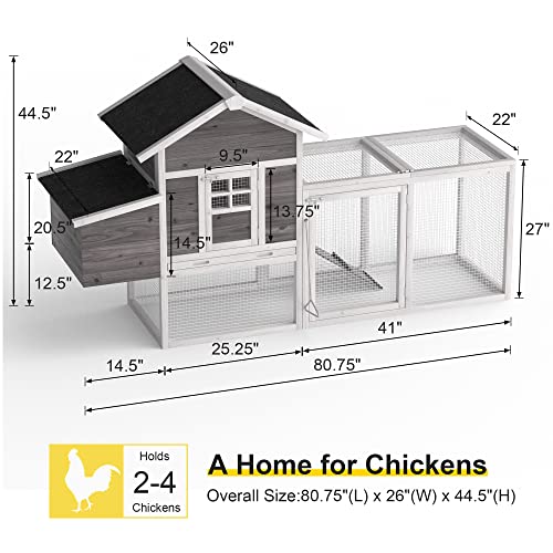 GOJOOASIS Chicken Coop for 2-4 Chickens Outdoor Wooden Hen House, Grey | Predator Proof Hen House with Nesting Box, Poultry Cage w/ Wire Fence, Ramp, Tray, Roosting Bar, 4 Access Areas - size: E
