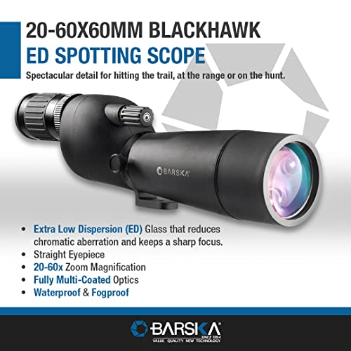 Barska Blackhawk ED 20-60x60mm Straight Spotting Scope – Extra-Low Dispersion Glass, Waterproof, Fully Multi-Coated Optics, Hard & Soft Carrying Case, Black - style: Straight