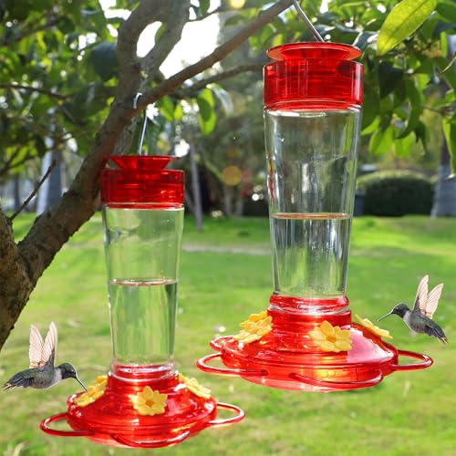 Shrdaepe Hummingbird Feeder, Glass Bottle Bird Feeders, 5 Feeding Ports, 10-Ounce Nectar Capacity, 2 Pack - color: Red & Yellow Flowers