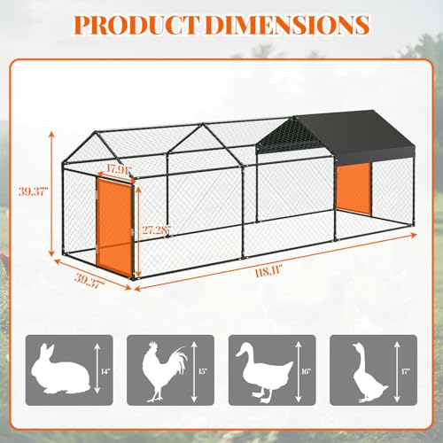 Garvee Metal Chicken Coop, Chicken Runs for Yard with Waterproof and Anti-UV Cover, 2 Door Portable Chicken Coop for Outdoor, Rabbit, Duck, Black, 120"×40"×40" - color: black, size: 120.0"L x 40.0"W x 40.0"H