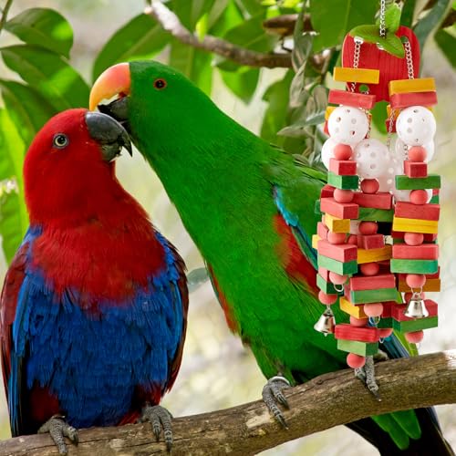Seenelling 3 Pcs Extra Large Bird Toys for Parrots, Block and Ball | Multicolored Natural Wooden Blocks & Beads Bells, Bird Cage Chewing Toys for Large Medium Macaws African Grey Cockatoos - style: Block and Ball