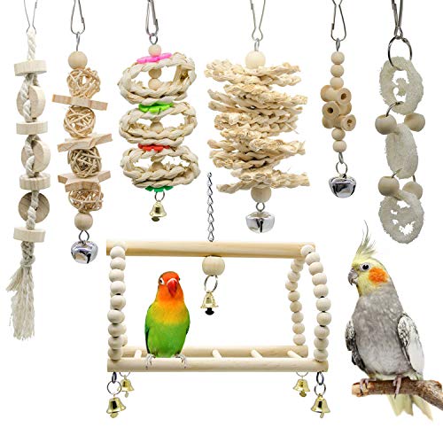 7 Packs Bird Parrot Swing Chewing Toys-Hanging Bell Bird Cage Playing Toys | Hanging Rope and Clip Design, Suitable for Small Parakeets, Cockatiels, Conures, Finches,Budgie,Macaws, Parrots, Love Birds