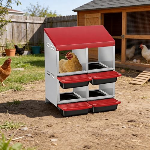 Double Tier 4 Holes Chicken Nesting Boxes for Laying Eggs, Wall-Mounted & Floorstanding Nesting Boxes for Chickens Ducks Geese, for Farm Backyard Chicken Coops, Red - color: Red, size: 4 Holes & 2-tier