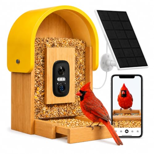Smart Bird Feeder Camera, 2K HD Solar Powered, AI Bird ID, 2.4GHz WiFi | Solar smart bird feeder with 2K camera, AI bird recognition, app alerts, 2.7L capacity and natural bamboo design.