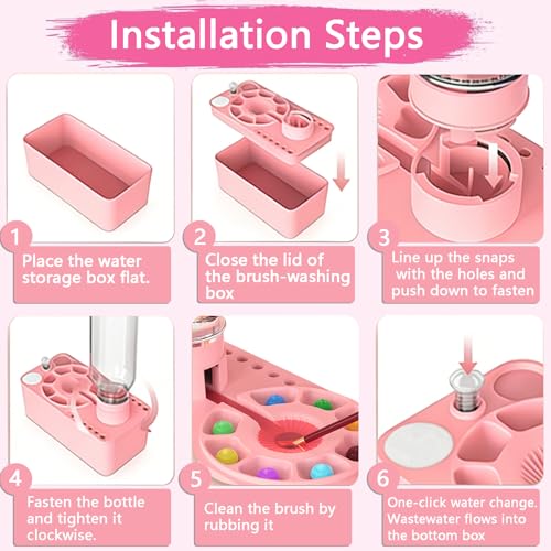 Paint Brush Cleaner Tool,Painting Running Water Circulation Art Supplies,with Brushes,Colors Paint,Watercolor Paper,Paint Station Creative Gift for Kids Girls Adult Artist Beginners - color: Pink