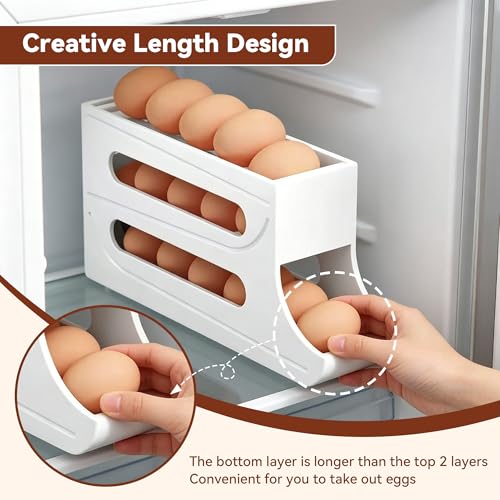 Egg Holder for Fridge - 3 Tiers Auto Rolling Egg Dispenser for Countertop Refrigerator, Kitchen Space-Saving Eggs Roller Storage Container Tray, 2 Packs for 32 Count, White - color: White