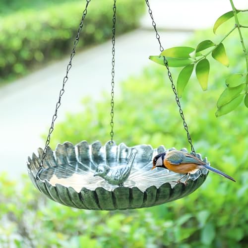 Hanging Bird Bath Outdoors Metal Bird Baths Feeder for Garden Decor | 11.6 Inch Hanging Bird Baths Flower Shape Silver Birdbath Bird Feeder Bowl for Outside, Garden, Lawn Yard Decor