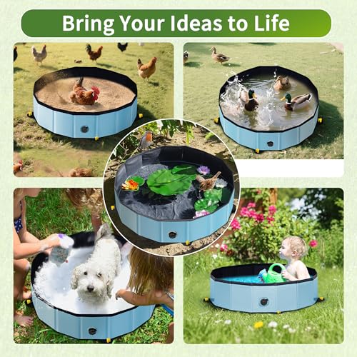 Chicken Dust Bath Tub - 32"D & 8"H Foldable Chicken Coop Accessories to Mix Sand Chilli DE Or Lime Dust in Chicken House, Keep Poultry Hens, Rooster, Button Quail Healthy & Clean, Double as Duck Pool