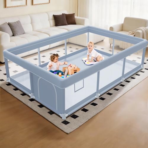 XVISHX 74 x 50 Inch Baby Playpen, Playpen for Babies and Toddlers, Baby Play Pen Playard for Indoor & Outdoor Active Center Game Fence, with Skin-Friendly Fabric and Soft Breathable Mesh, Grey - size: 74 × 50 Inch