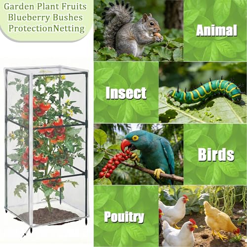 3 PCS Garden Bird Netting Plant Cover for Square Tomato Cage, 59"X15.8"Insect Bird Barrier Tomato Cage Net with Zipper & Drawstring Lawn Staples and Windproof Clips, Netting for Protecting Plant - size: 59INCH
