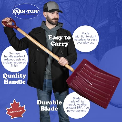 Farm-TUFF Heavy Duty Multi-Purpose Shovel - Snow, Barn, Grain, Industrial Use - Large Non-Stick Blade & Ash Hardwood D-Grip Handle - Durable & Lightweight Utility Scoop - Red, 15.5in