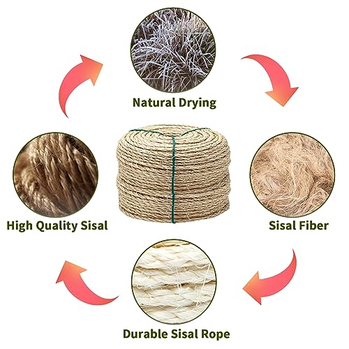 1/6 Inch Natural Sisal Rope, 164-Feet, 50m, for Cat Scratching Post, Tower, DIY Hemp Twine, Replacement, Sisal Fiber, Biodegradable, 4mm Diameter - color: Natural, size: 1/6 inch by 164 feet