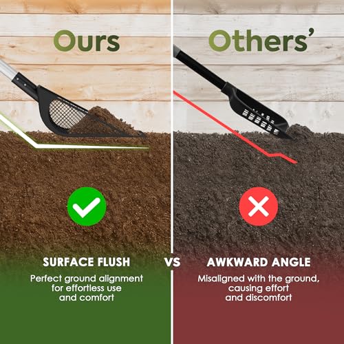2-in-1 Chicken Coop Poop Scooper and Rake - Metal Sand Sifting Litter Scoop Shovel with Angled Basket and Micro-Sized Diamond Mesh to Catch the Smallest Farm Animal Droppings - Adjustable 12" to 53"