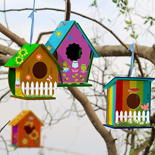 Kisston 210 Pcs DIY Birdhouse Kits for Kids Ages 5-8, 8-12, 96 Wooden Bird Houses Kit in 6 Shapes and 114 Stereoscopic Butterfly Sticker for Children Craft Class Activity Art DIY Project