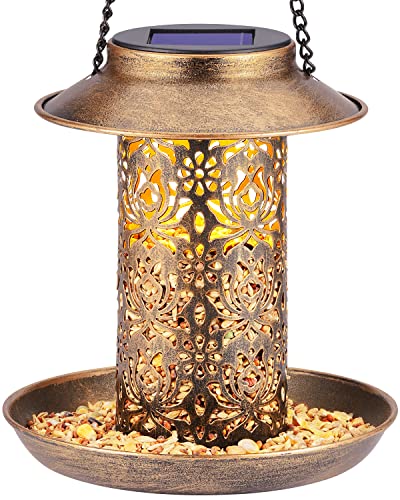 SWEETFULL Solar Bird Feeder for Outdoors Hanging, Metal Wild Bird Feeder for Cardinals Solar Garden Lantern with S Hook as Gift for Bird Lovers (2LBs Heavy Duty birdfeeders) - size: 7.2"x7.2"