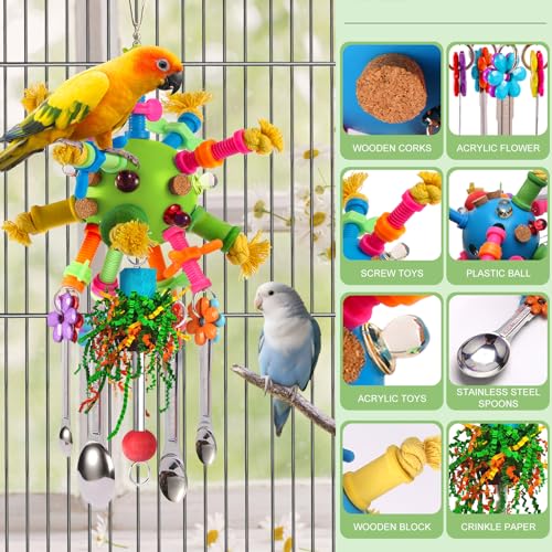 Parrot Toys Bird Toys Perch Pullable Stainless Steel Spoons Colorful Acrylic Stick Chew Toys for Amazons Mini Macaws African Greys Cockatoos Conures,Cockatiels,Lovebirds,Parrotlets and Other (green) - color: green