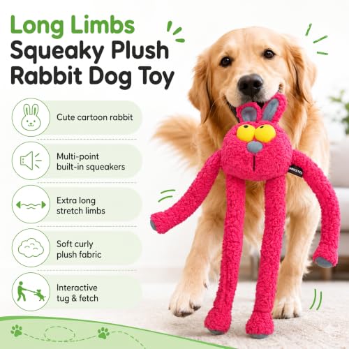 Squeaky Rabbit Dog Plush Chew Toy, Interactive Tug Squeaky Toy for Chewers, Medium Large Dogs & Fetch Play, 31.5 Inch Stuffed Play Toy with Stretchable Limbs for Gentle Gum Care & Boredom Relief - color: Rose Red (Swinging Rabbit)