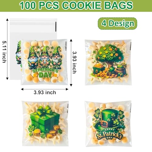 ZYLOP Self-Sealing St. Patricks Cookie Bags – 100PCS 4x4 Inch Green Shamrock Cellophane Treat Candy Goodie Bags, Clear Self-Adhesive Gift Bags for Irish Party, Classroom, Bakery, Holiday Favors - color: St. Patricks 100pcs