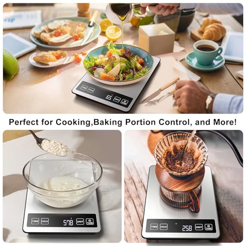 Fuzion Food Kitchen Scale 22lb/0.1oz - Food Scale 7 Units, Tare & Timer | Rechargeable, Tempered Glass+ Stainless Steel, Digital Kitchen Scale Grams and oz for Cooking, Baking, Weight Loss, Meal Prep - color: Silver Black