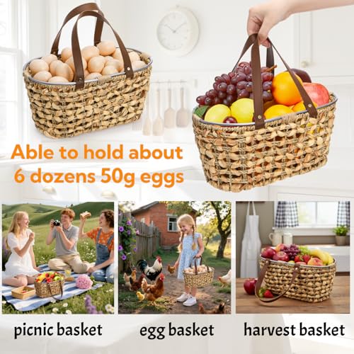 Goaste Egg Collecting Basket with Handle, 13 Inch Chicken Egg Storage Baskets, Handwoven Eggs Container for Gathering Fresh Eggs, Vintage Countertop Fruit Holder for Easter, Harvest, Kitchen