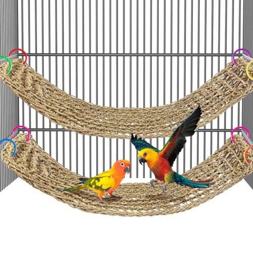 2Pcs 29.5 x 7 inches Large Bird Seagrass Mat Grass Woven Net Parrot Hammock Mat Parakeet Climbing Rope Ladder with Hooks Bird Cage Accessories for Conure Cockatiel Budgie Macaw Bearded Dragon