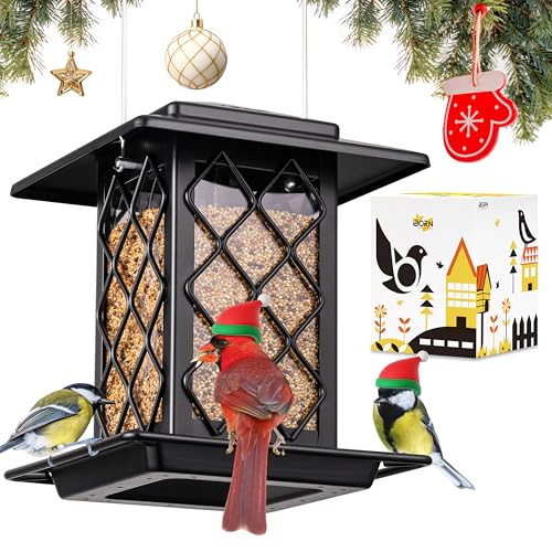 iBorn Bird Feeders for Outdoors, Metal Bird Feeder, Wild Bird Feeders for Cardinal, 2.4LBS Capacity,18cm Large Roof, Lantern Style, Black - color: Black